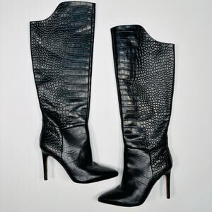 Vince Camuto Fenindy Black Croc Leather Knee High Pointed Stiletto Boot Size 10